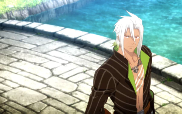 HD PC desktop wallpaper from the video game Tales of Berseria featuring a white-haired character standing by a stone path near clear blue water.