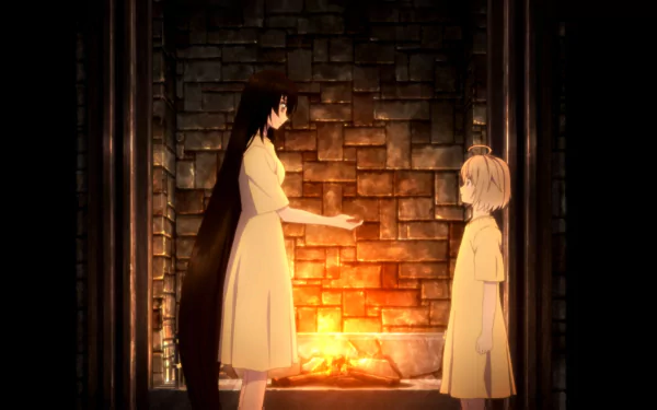 HD PC desktop wallpaper from the video game Tales of Berseria featuring two characters in white dresses standing by a glowing fireplace against a brick wall background.