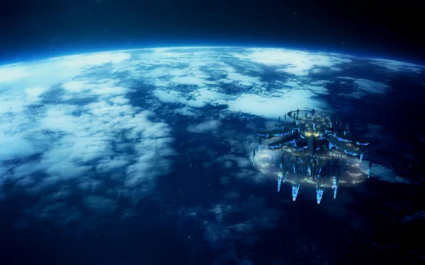HD PC desktop wallpaper from the video game Tales of Berseria, featuring a futuristic floating structure above the Earth's curved, cloud-covered surface in space.