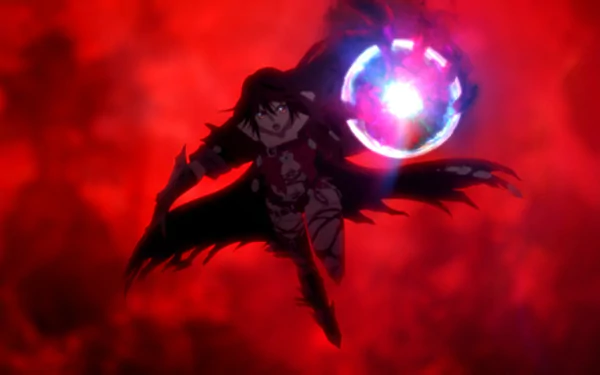 HD PC desktop wallpaper from the video game Tales of Berseria, featuring a character wielding a glowing orb against a fiery red background.