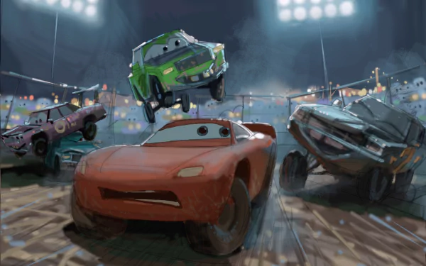 HD desktop wallpaper featuring Lightning McQueen from the movie Cars 3 in an intense race scene with other animated cars under stadium lights.