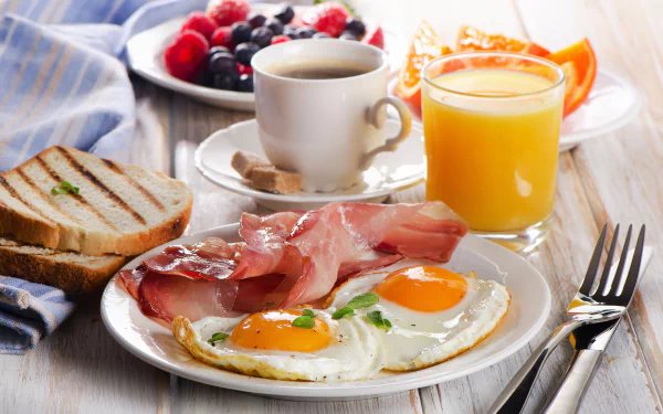 toast fruit cup bacon coffee juice egg food breakfast HD Desktop Wallpaper | Background Image