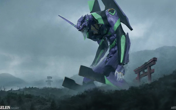 HD desktop wallpaper of Evangelion Unit-01 from the anime Neon Genesis Evangelion, standing amidst a misty landscape with distant mountains and a Torii gate in the background.