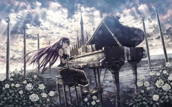 HD wallpaper featuring Luka Megurine from Vocaloid playing a grand piano surrounded by flowers. The background depicts an artistic, serene landscape with a clear sky and scattered clouds.