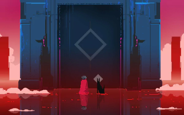 HD desktop wallpaper of Hyper Light Drifter with characters standing before a door in a stylized, colorful landscape.