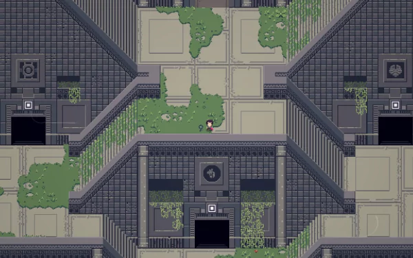 HD desktop wallpaper from Titan Souls featuring a top-down view of a character in a puzzle-filled temple environment.