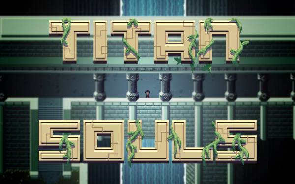 HD desktop wallpaper for Titan Souls featuring the game's pixelated title with a mystical backdrop.