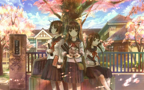 A vibrant HD desktop wallpaper featuring three cute anime girls surrounded by blooming cherry blossoms in spring, capturing the essence of sakura and youthful charm.