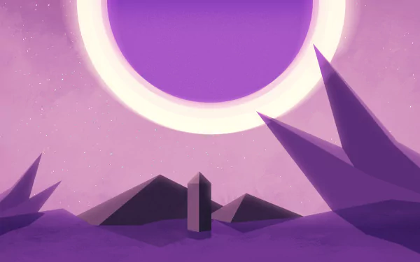 A violet sci-fi landscape with glowing purple star and monolithic pyramids under a galaxy-lit sky, designed as an HD PC desktop wallpaper.