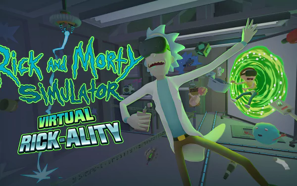 HD wallpaper of Rick and Morty: Virtual Rick-ality featuring Rick Sanchez and Morty Smith with a green portal in the background.