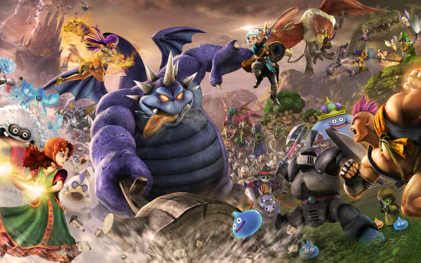 HD desktop wallpaper featuring characters and creatures from Dragon Quest Heroes II in a vibrant battle scene.