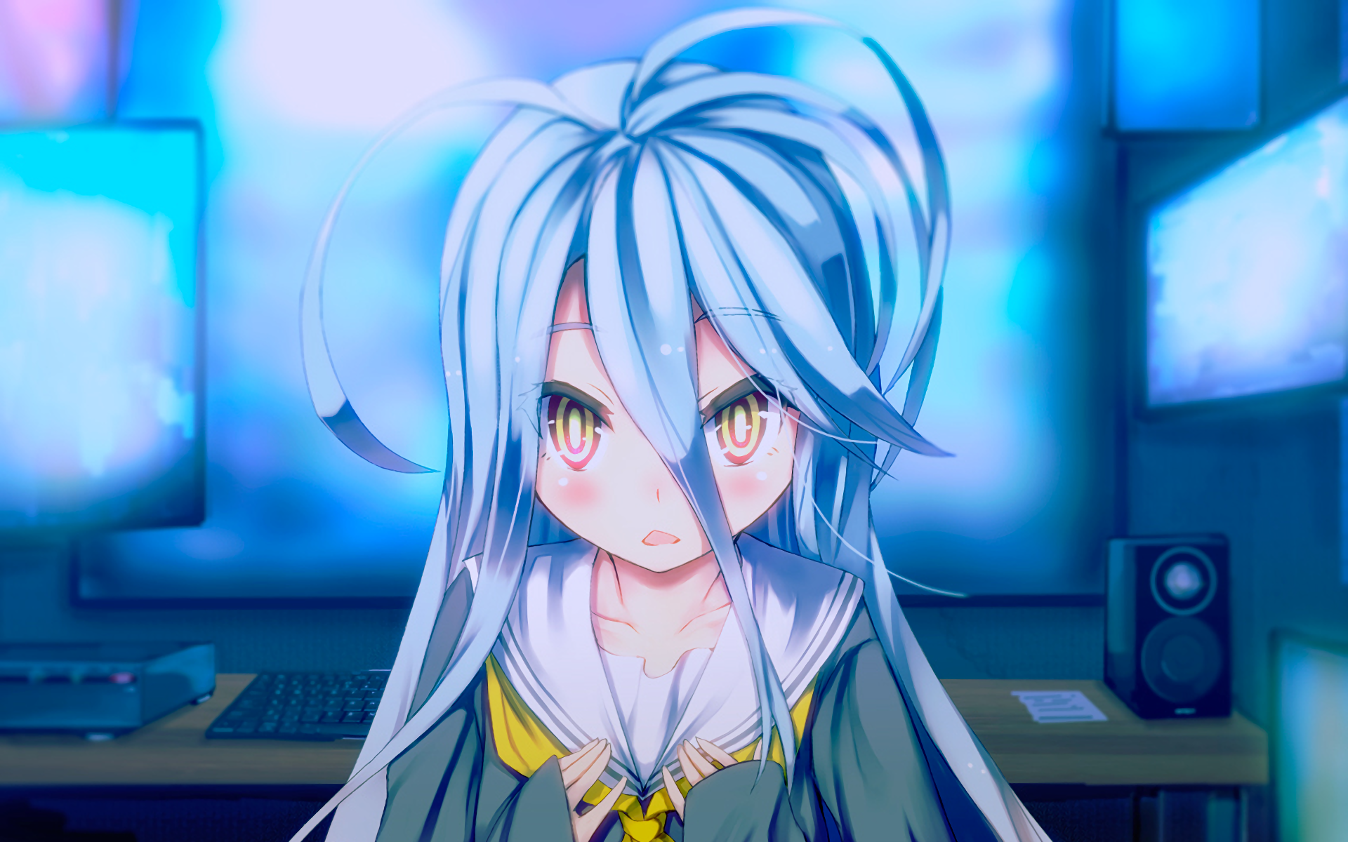HD desktop wallpaper featuring Shiro from No Game No Life anime, depicting her with a surprised expression and light blue hair, set against a glowing background with computer monitors.