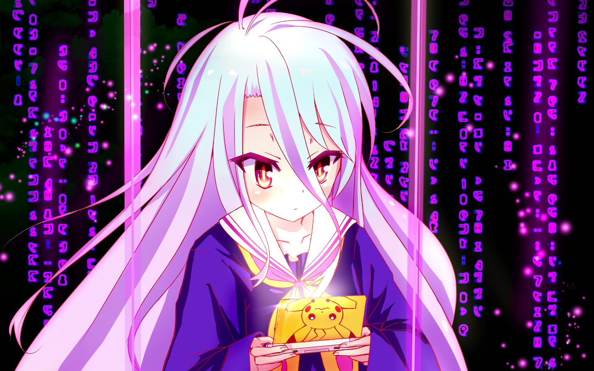 HD PC desktop wallpaper featuring Shiro from the anime No Game No Life, with vibrant colors and a digital matrix-style background.