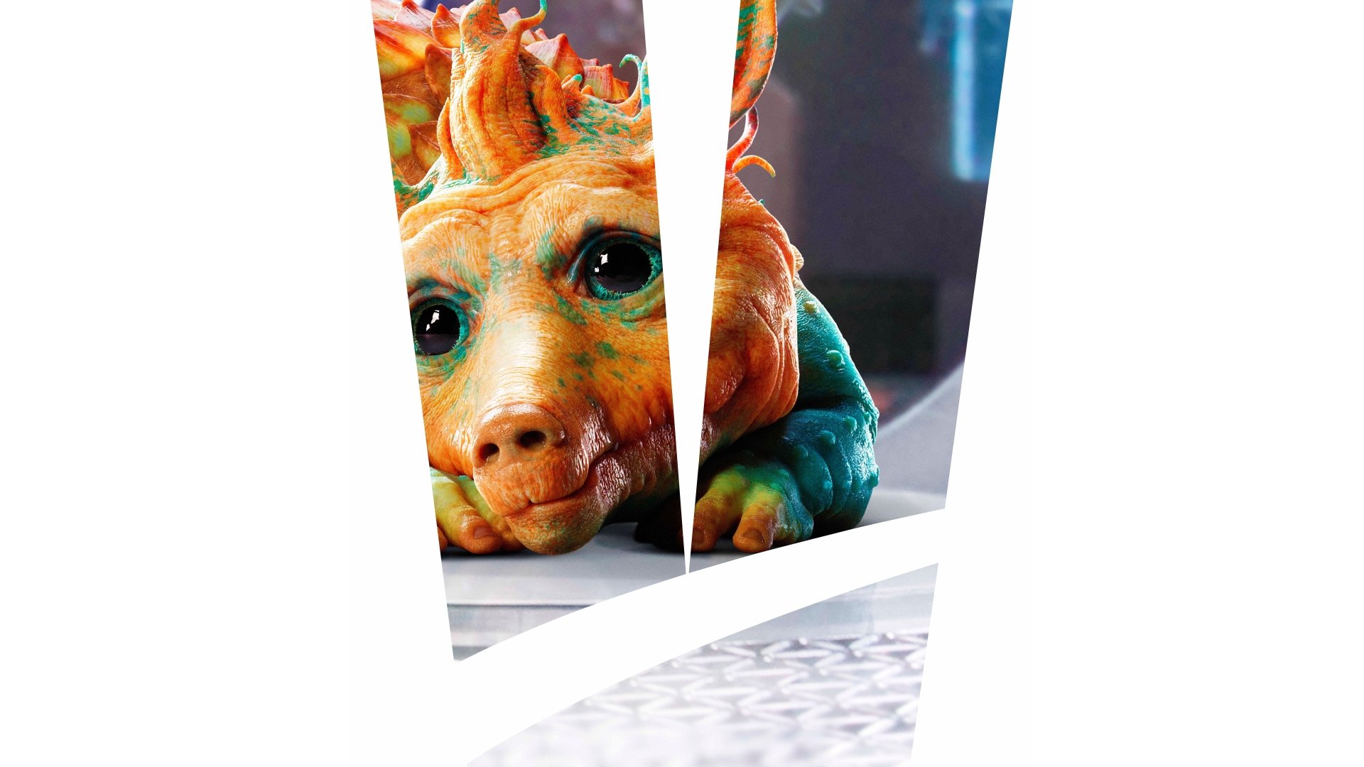 8K Ultra HD PC desktop wallpaper showing a colorful alien creature from the movie Valerian and the City of a Thousand Planets, seen through white geometric cutouts above a keyboard.