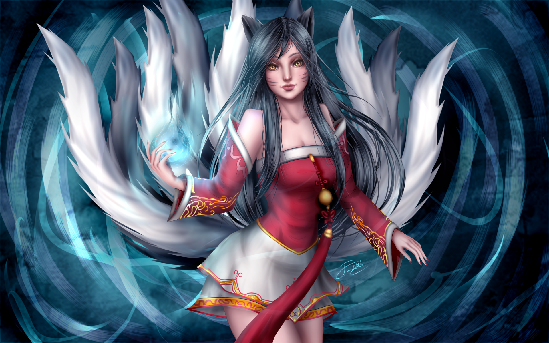 Ahri (League of Legends) video game character — nine‑tailed fox in a red dress conjures a glowing blue orb amid a swirling blue vortex; 2K Quad HD PC desktop wallpaper/background.