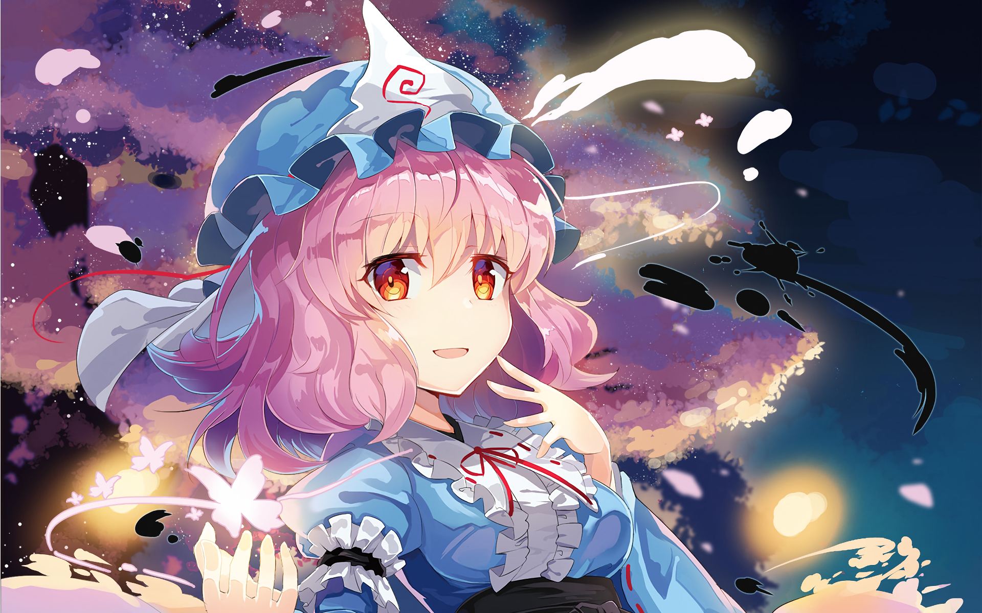 HD anime desktop wallpaper featuring Yuyuko Saigyouji from Touhou, with vibrant colors and a mystical night sky background.