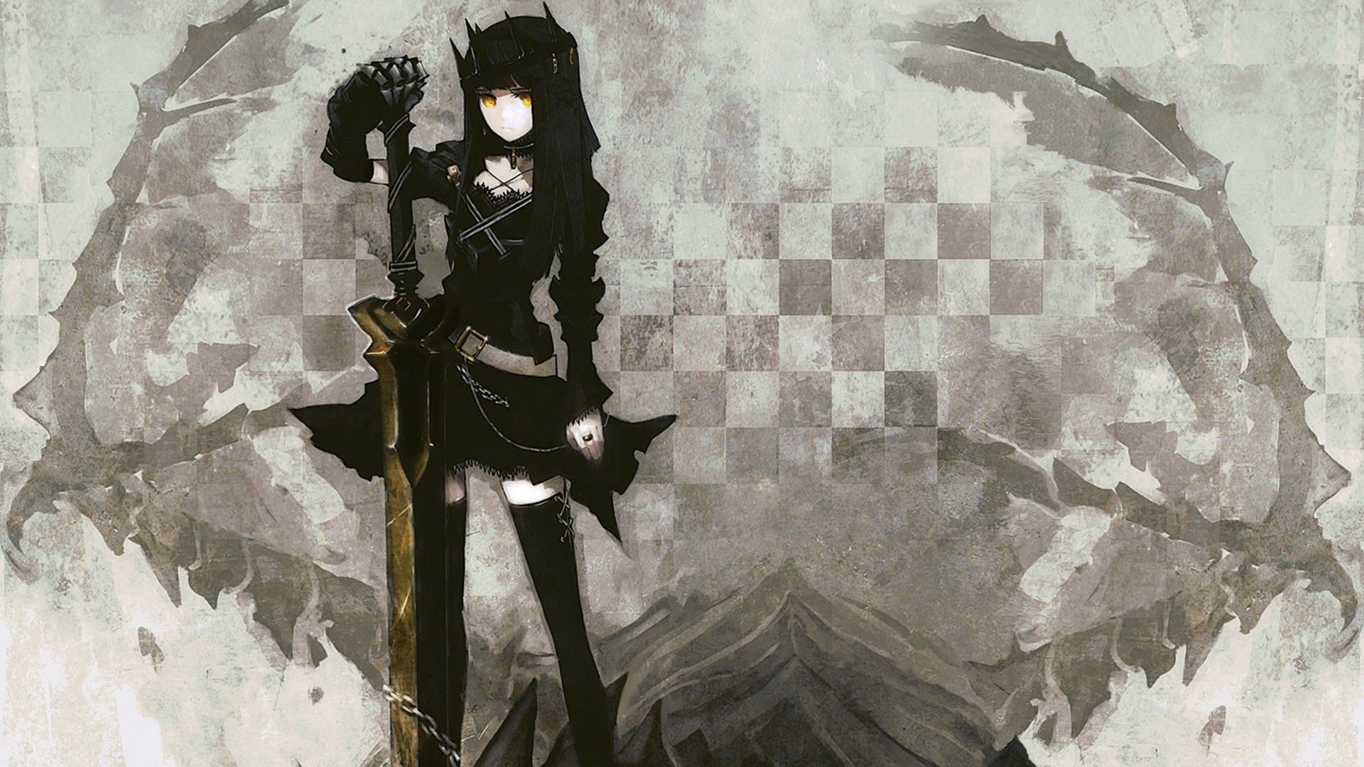 HD anime desktop wallpaper featuring a cute Black Rock Shooter character in dark attire, holding a large weapon against a textured, grunge-style background.