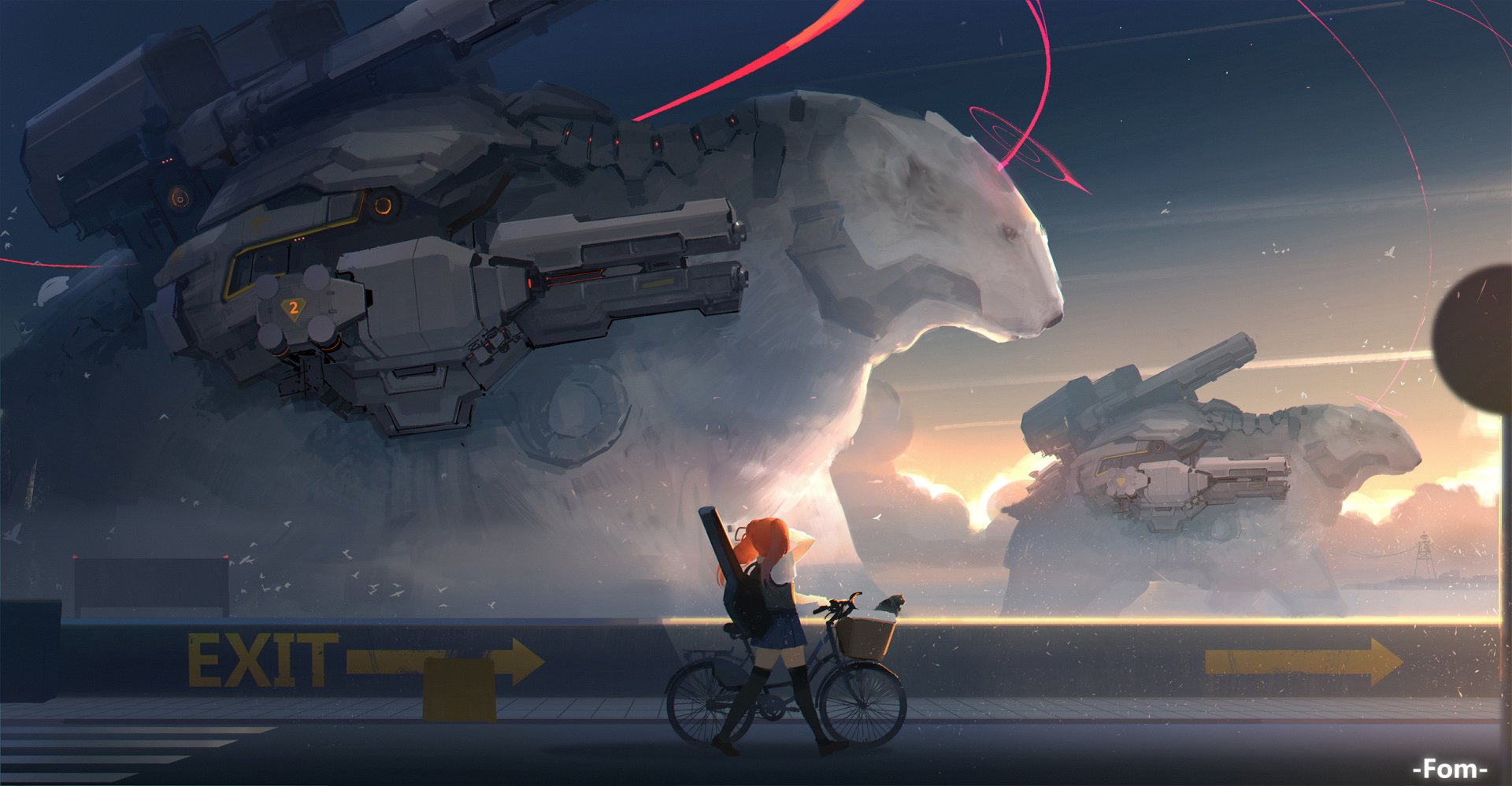 HD desktop wallpaper depicting an anime scene with a girl on a bicycle carrying a weapon, with orange hair and a school uniform. In the background, there are two giant, mechanized polar bears.