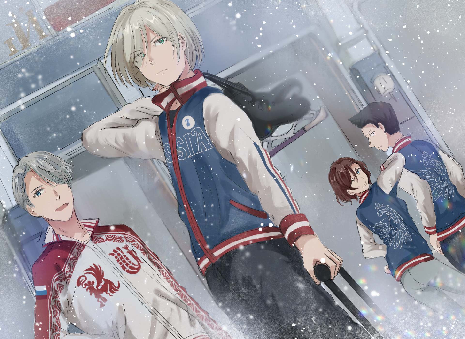 HD desktop wallpaper featuring Yuri Plisetsky, Victor Nikiforov, Mila Babicheva, and Georgi Popovich from the anime Yuri!!! on ICE, depicting them in snowy surroundings with casual expressions.