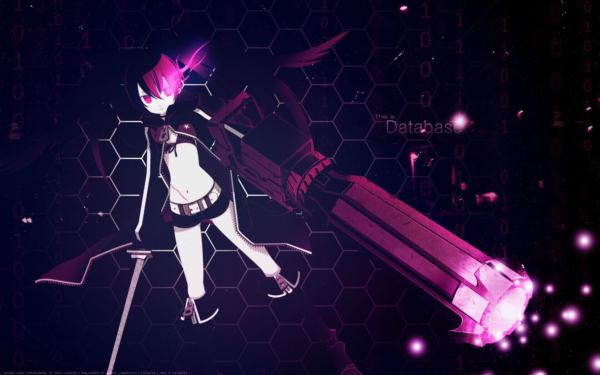 HD PC desktop wallpaper featuring a cute anime character from Black Rock Shooter with glowing pink and black futuristic elements in a dynamic pose.