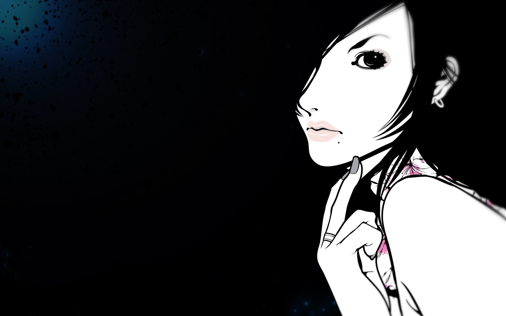 HD artistic drawing of a cute woman with black hair against a dark background, designed as a stylish PC desktop wallpaper.