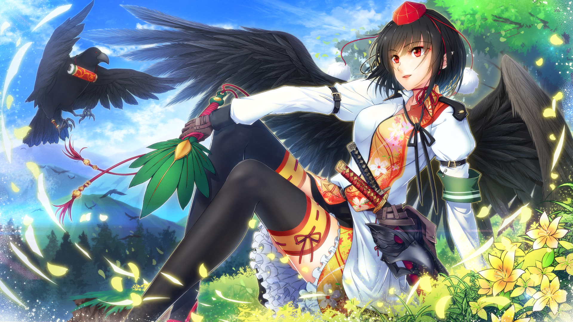 HD PC desktop wallpaper of Aya Shameimaru (Touhou) anime — crow tengu reporter with black wings in red-white outfit, sitting among flowers under a bright blue sky.