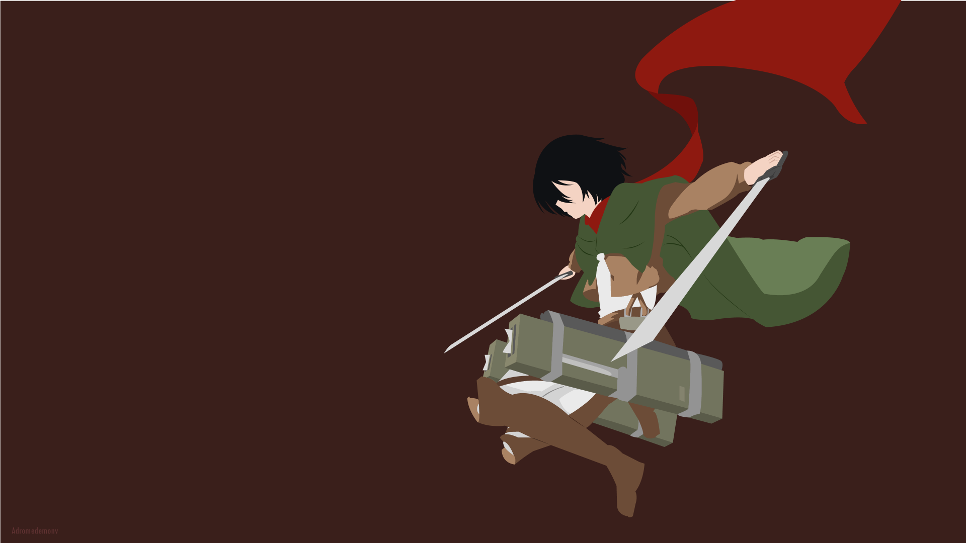 Mikasa Ackerman from Attack on Titan is depicted in this dynamic 4K Ultra HD anime wallpaper, showcasing her in action with swords and her iconic red scarf.