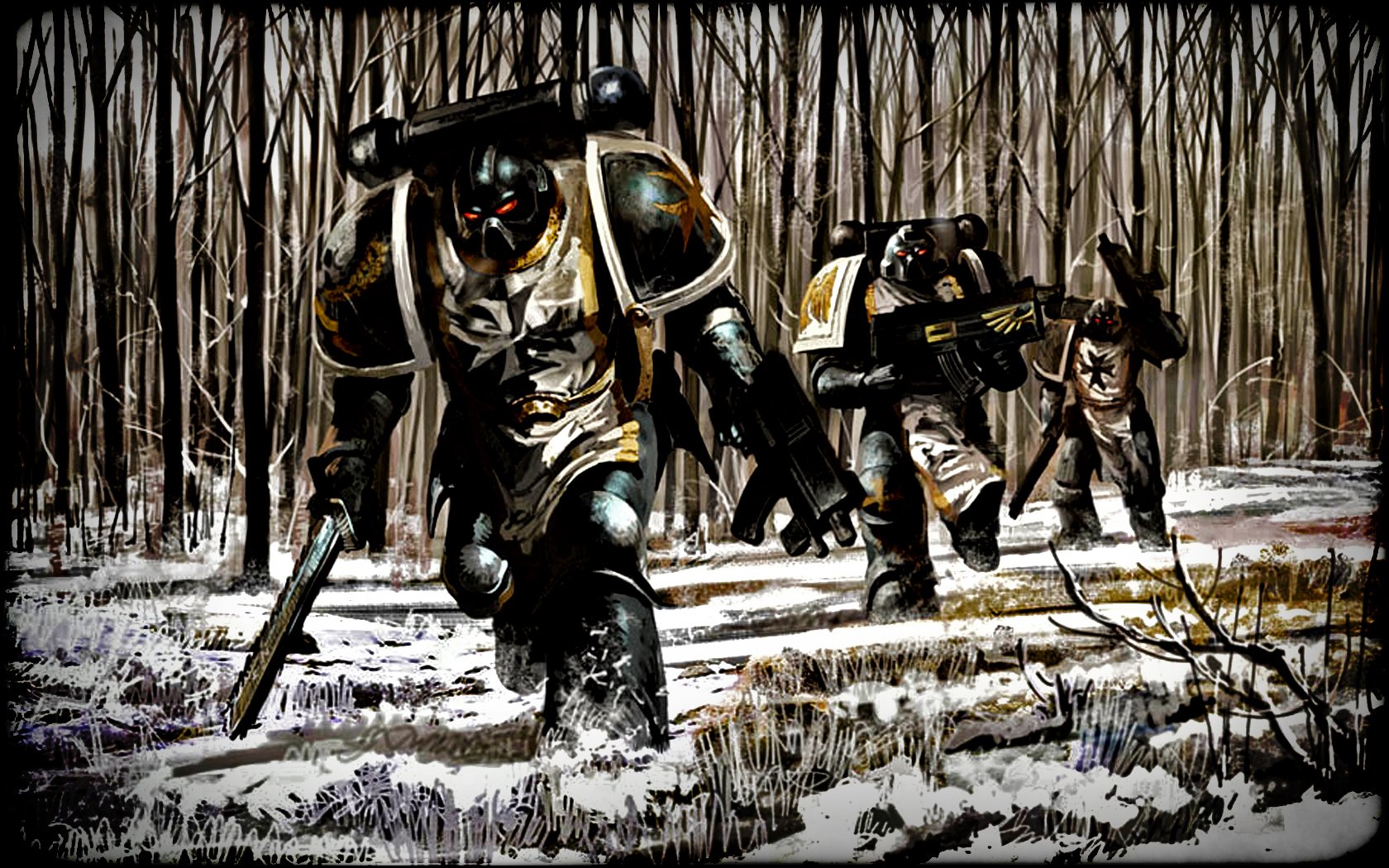 A group of armored warriors advances through a snowy forest, embodying the epic sci-fi aesthetic of Warhammer, with detailed backgrounds and a sense of intense action.
