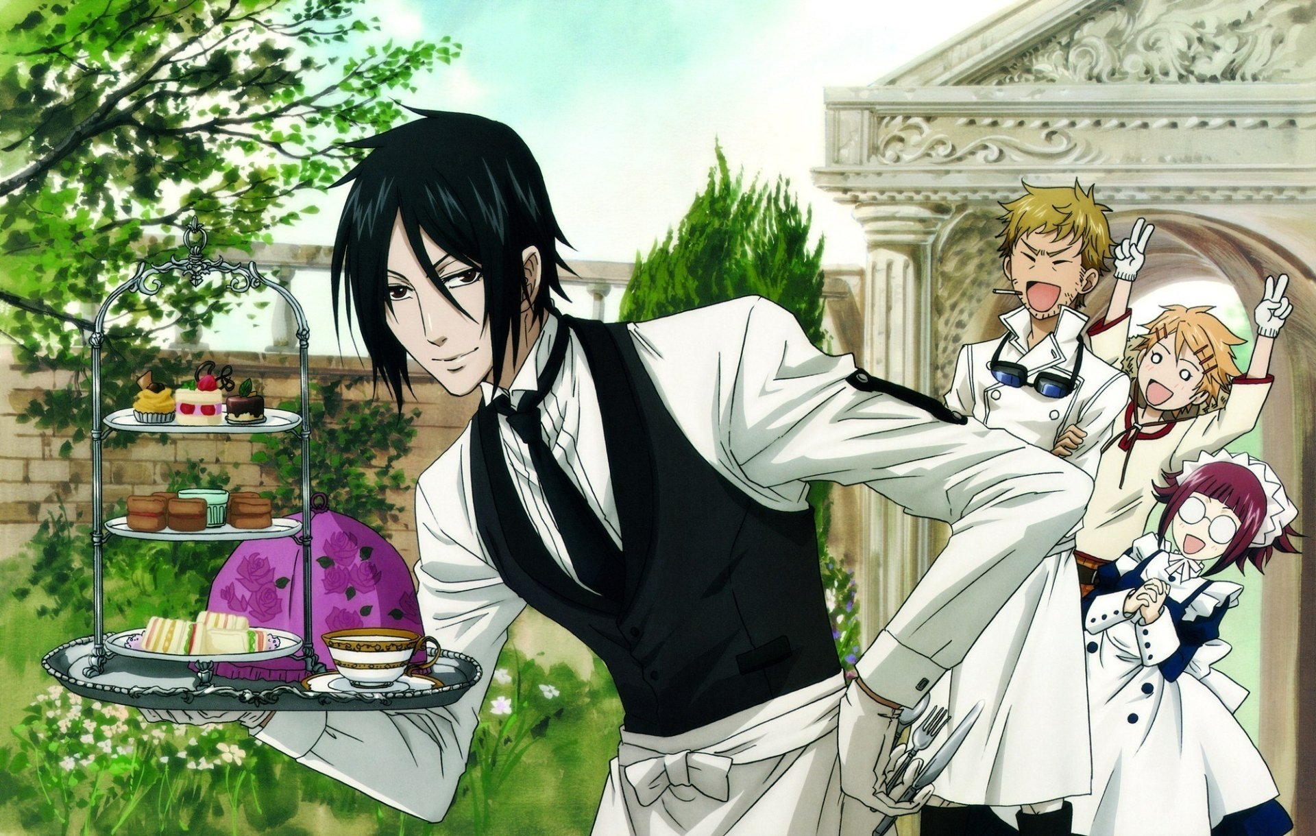 HD anime desktop wallpaper featuring Sebastian Michaelis serving desserts with Baldroy, Mey Rin, and Finnian from Black Butler in an elegant garden setting.