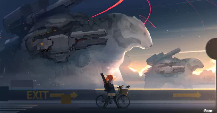 HD desktop wallpaper depicting an anime scene with a girl on a bicycle carrying a weapon, with orange hair and a school uniform. In the background, there are two giant, mechanized polar bears.