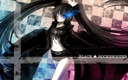 A captivating HD anime wallpaper featuring Black Rock Shooter, showcasing her striking blue eyes and dynamic pose against a stylish checkered background.