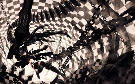 A striking HD wallpaper featuring Black Rock Shooter, elegantly posed amidst a dynamic swirl of chains and a checkered background, capturing the essence of cute anime style.