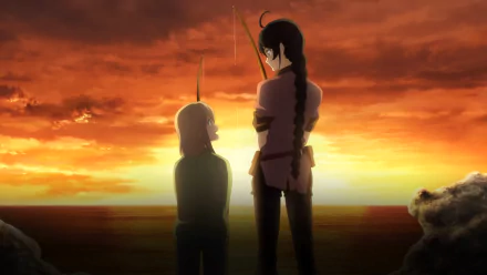 Laphicet and Velvet Crowe from Tales of Berseria stand together fishing at sunset in this 4K Ultra HD PC desktop wallpaper from the video game.