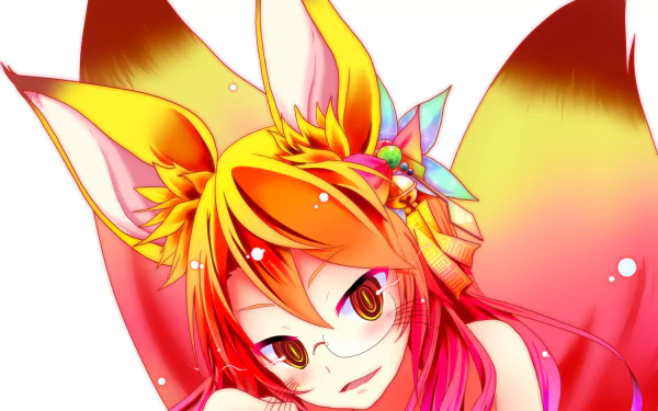 HD PC wallpaper of Miko (No Game No Life): anime fox-eared girl with bright orange hair, golden eyes and colorful ribbons, smiling against a radiant background.