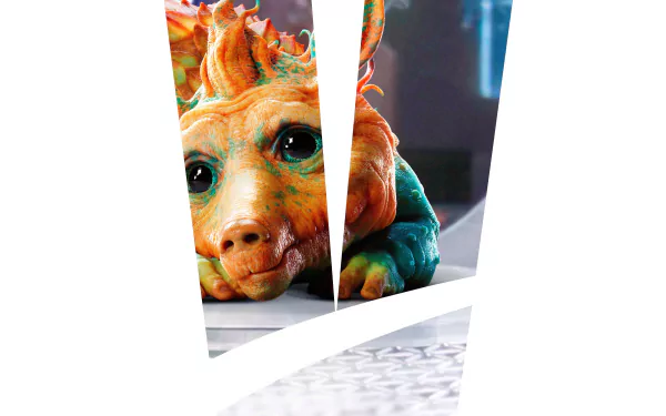 8K Ultra HD PC desktop wallpaper showing a colorful alien creature from the movie Valerian and the City of a Thousand Planets, seen through white geometric cutouts above a keyboard.