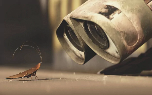 A close-up of Wall·E, the iconic Pixar character, gazing curiously at a small insect, set against a detailed backdrop. This HD wallpaper captures the charm of the beloved movie.