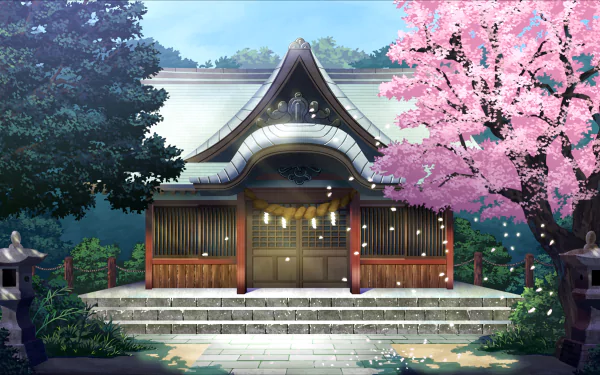 Anime Touhou HD PC desktop wallpaper background: serene Shinto shrine framed by pink cherry blossoms, stone lanterns, stone steps and drifting petals beneath a clear blue sky.