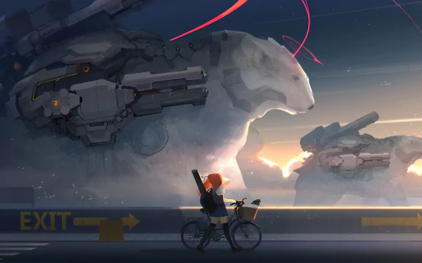HD desktop wallpaper depicting an anime scene with a girl on a bicycle carrying a weapon, with orange hair and a school uniform. In the background, there are two giant, mechanized polar bears.