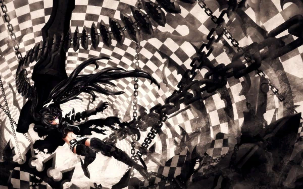A striking HD wallpaper featuring Black Rock Shooter, elegantly posed amidst a dynamic swirl of chains and a checkered background, capturing the essence of cute anime style.