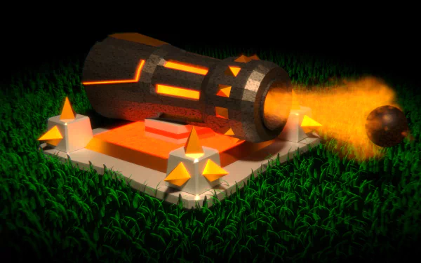 4K Ultra HD Clash of Clans desktop wallpaper featuring a glowing, futuristic cannon firing a fiery projectile on a dark, grassy battlefield.