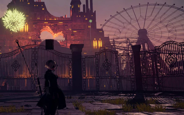 HD PC desktop wallpaper featuring a ferris wheel and fireworks at dusk from the video game NieR: Automata.
