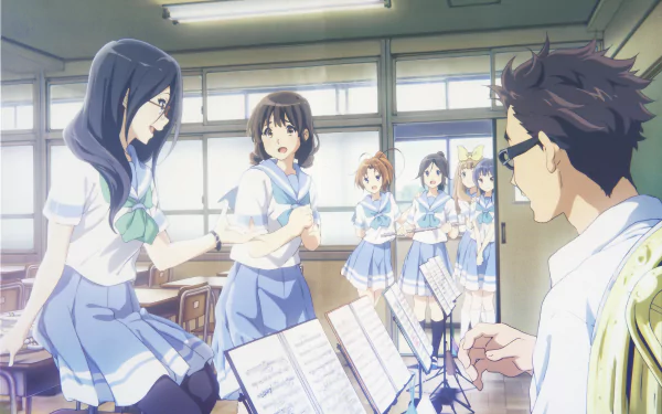 long hair skirt school uniform brown eyes brown hair short hair Yuuko Yoshikawa Mizore Yoroizuka Asuka Tanaka Natsuki Nakagawa Nozomi Kasaki Anime Sound! Euphonium HD Desktop Wallpaper | Background Image