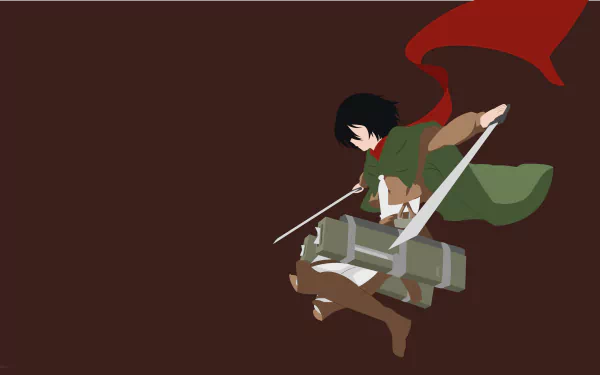 Mikasa Ackerman from Attack on Titan is depicted in this dynamic 4K Ultra HD anime wallpaper, showcasing her in action with swords and her iconic red scarf.