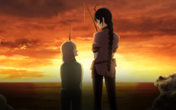 Laphicet and Velvet Crowe from Tales of Berseria stand together fishing at sunset in this 4K Ultra HD PC desktop wallpaper from the video game.