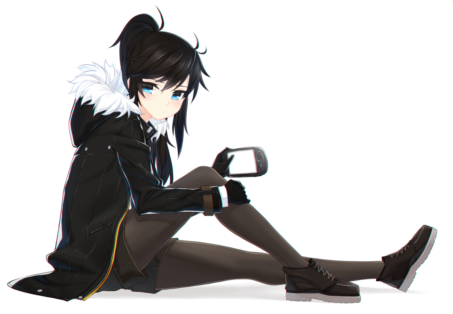 Anime character from the video game Closers sits on a white background in a black coat with white fur trim and blue eyes, holding a small mirror — HD PC desktop wallpaper/background.