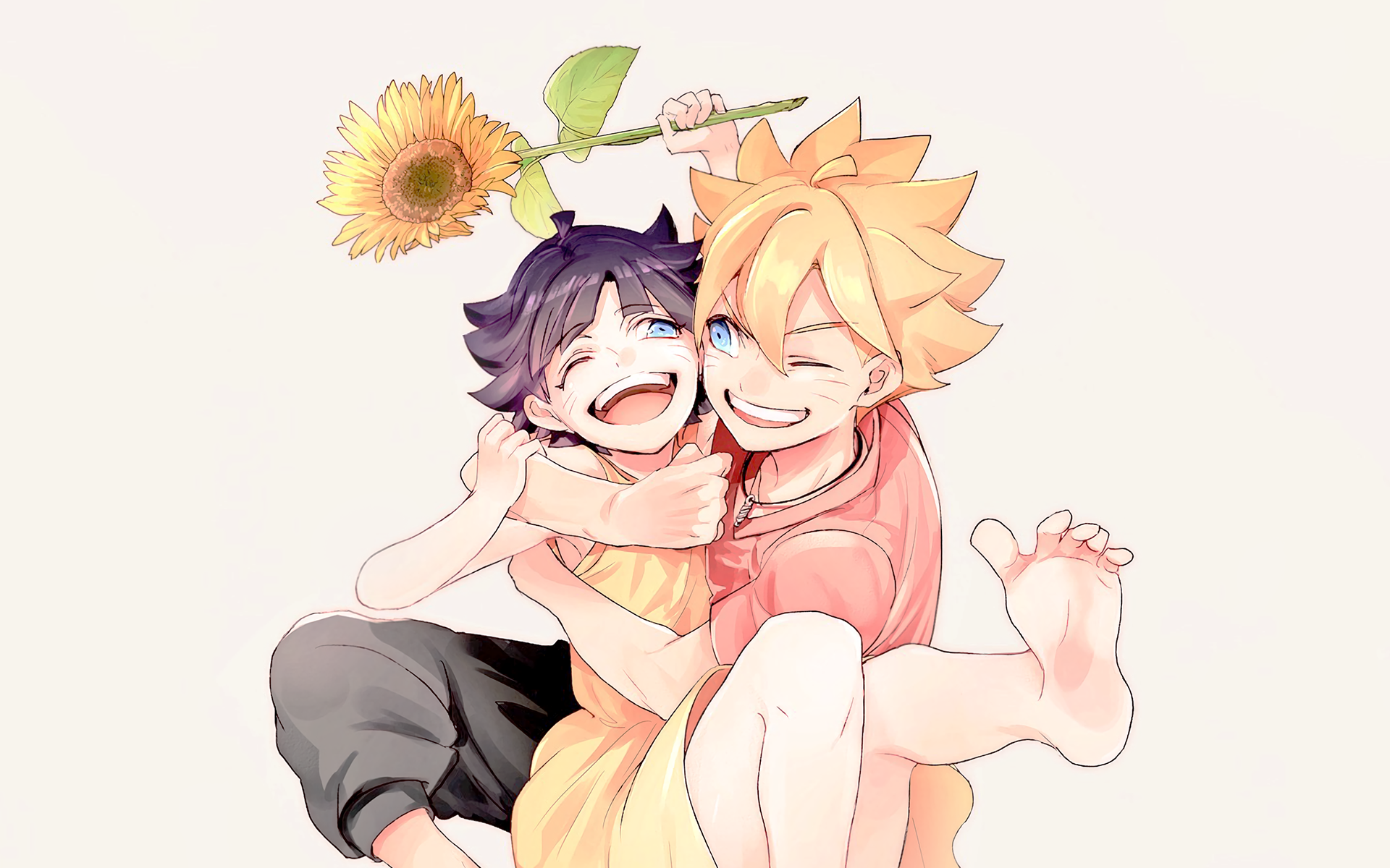 HD anime desktop wallpaper featuring Boruto Uzumaki playfully hugging Himawari Uzumaki, both smiling brightly with a sunflower on Himawari's head.