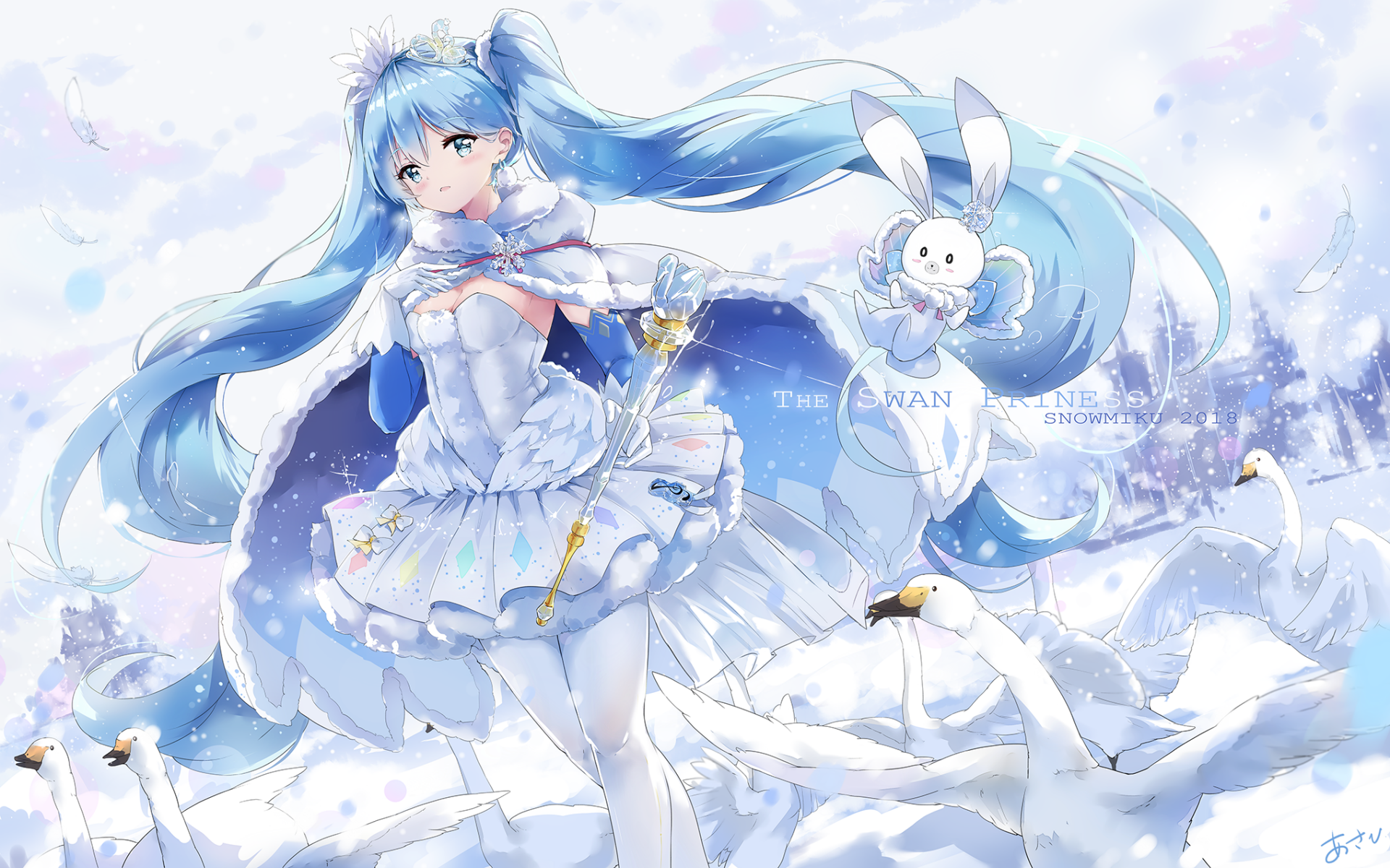 HD PC desktop wallpaper featuring Hatsune Miku in a winter-themed anime style, accompanied by a white rabbit and snowy background, inspired by Vocaloid aesthetics.