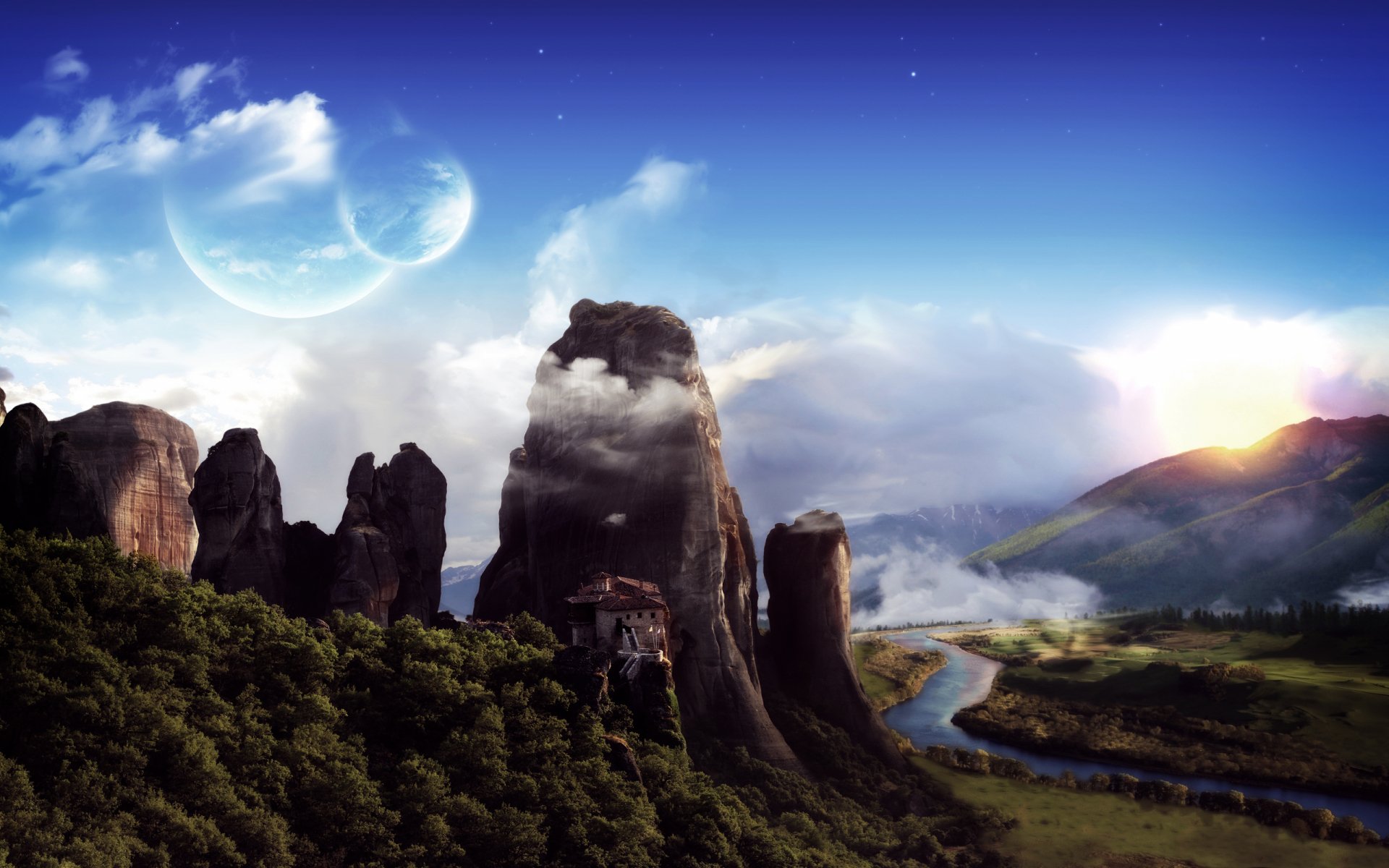 A breathtaking fantasy landscape featuring a serene river, a whimsical house nestled among towering rock formations, and a vibrant sky at sunrise, creating a captivating HD wallpaper.