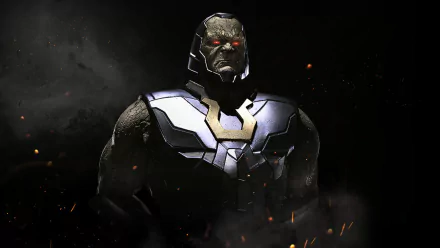 HD desktop wallpaper featuring Darkseid from DC Comics, as seen in the video game Injustice 2. Darkseid, in his imposing armor, stands amid swirling smoke and sparks against a dark background.