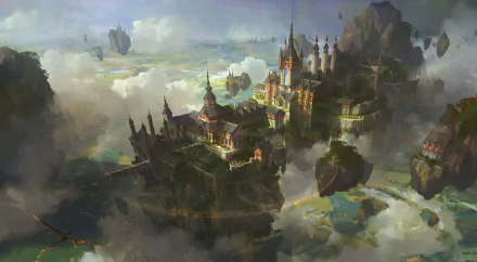 HD wallpaper of a fantasy city on a floating island surrounded by clouds, featuring intricate buildings and a majestic landscape.